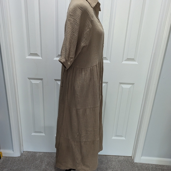NWT R  Vivimos Prairie Dress Khaki Gauze Short Bubble Sleeve Button Up XL - Picture 5 of 7
